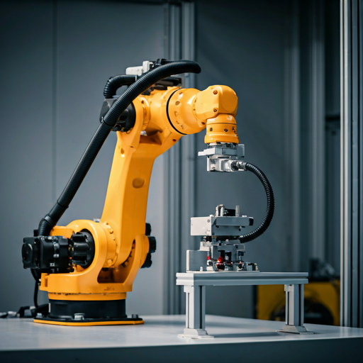Braço robótico industrial em instalação de alta tecnologia